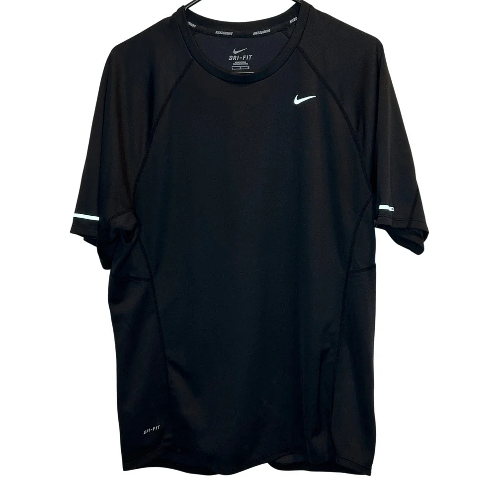 Nike Running Dri-FIT Shirt Large Mens Black Short Sleeve Reflective Raglan Tee